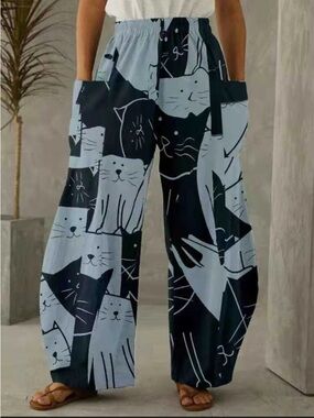 Womens High-Waist Wide-Leg Cat Print Linen Pants - Black/White